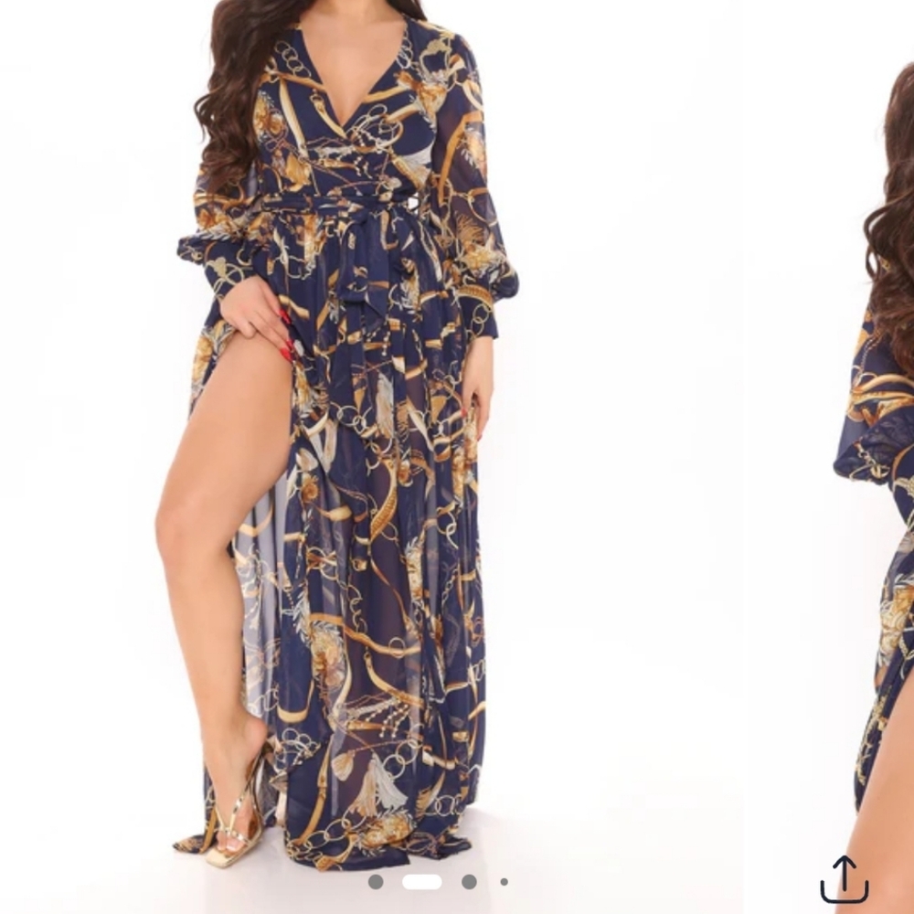 Fashion Nova Navy and Gold Chain Print Long Sleeve Dress